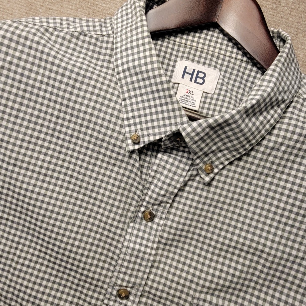 HB Button Down Shirt Mens 3XL Grey White Gingham Short Sleeve Pocket